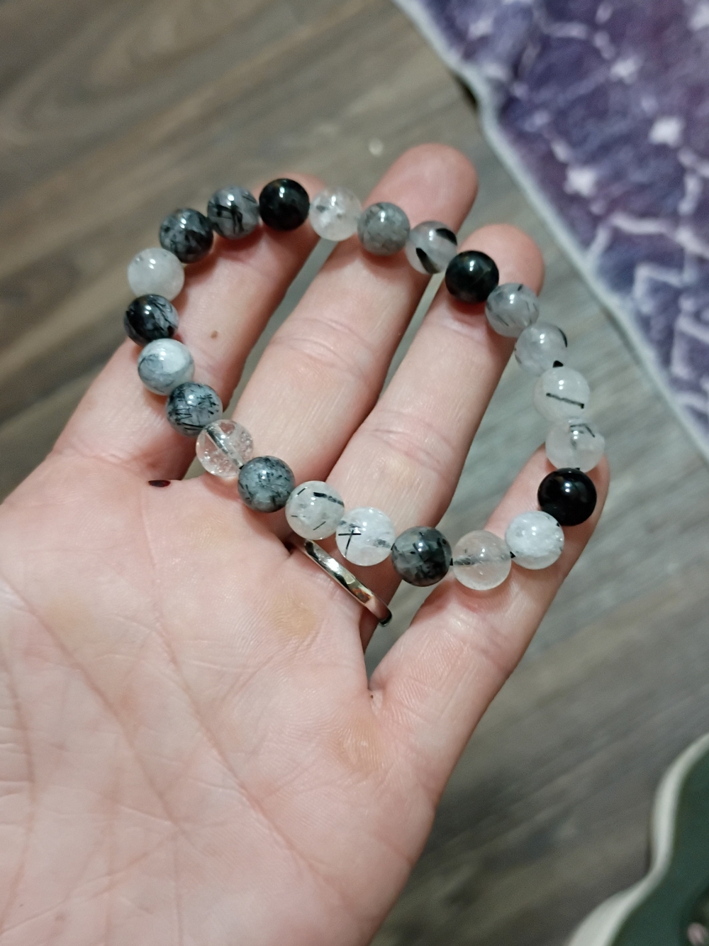 Black & White Tourmalinated Quartz Bead Bracelet - Handcrafted
